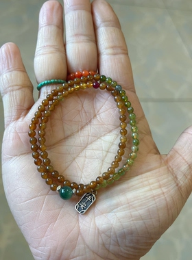 新中式国风原创设计天然和田玉新疆且末老冰糖珠串绿碧玺双圈手串