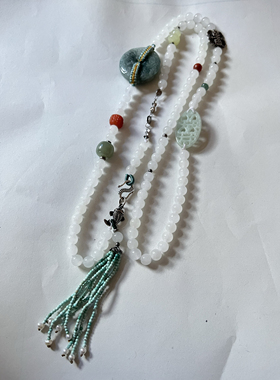 新中式国风原创天然和田玉白玉翡翠平安扣绿松流苏复古项链毛衣链