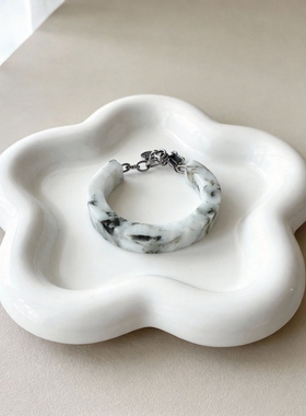 新中式国风原创天然翡翠半镯老银醒狮扣头银链花吊坠手串手链女款