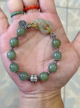 新中式国风原创设计天然和田玉晴水环环相扣珠串老银手串手链