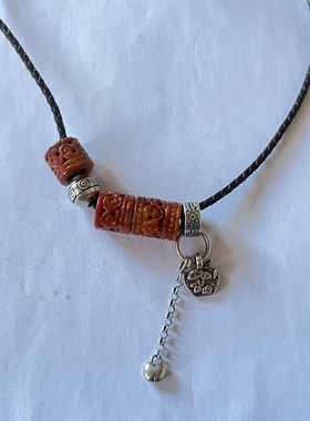 新中式国风原创天然红翡翠复古桶珠老银珠皮绳项链锁骨链毛衣链