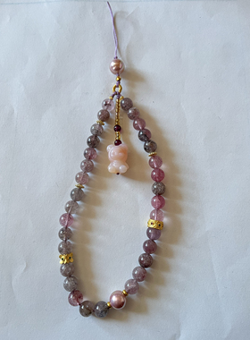 新中式国风原创设计天然草莓水晶珍珠小熊吊坠手机链女款挂件挂绳