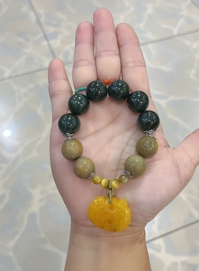 新中式国风原创设计天然和田玉青玉绿檀木蜜蜡锁牌大珠手串手链