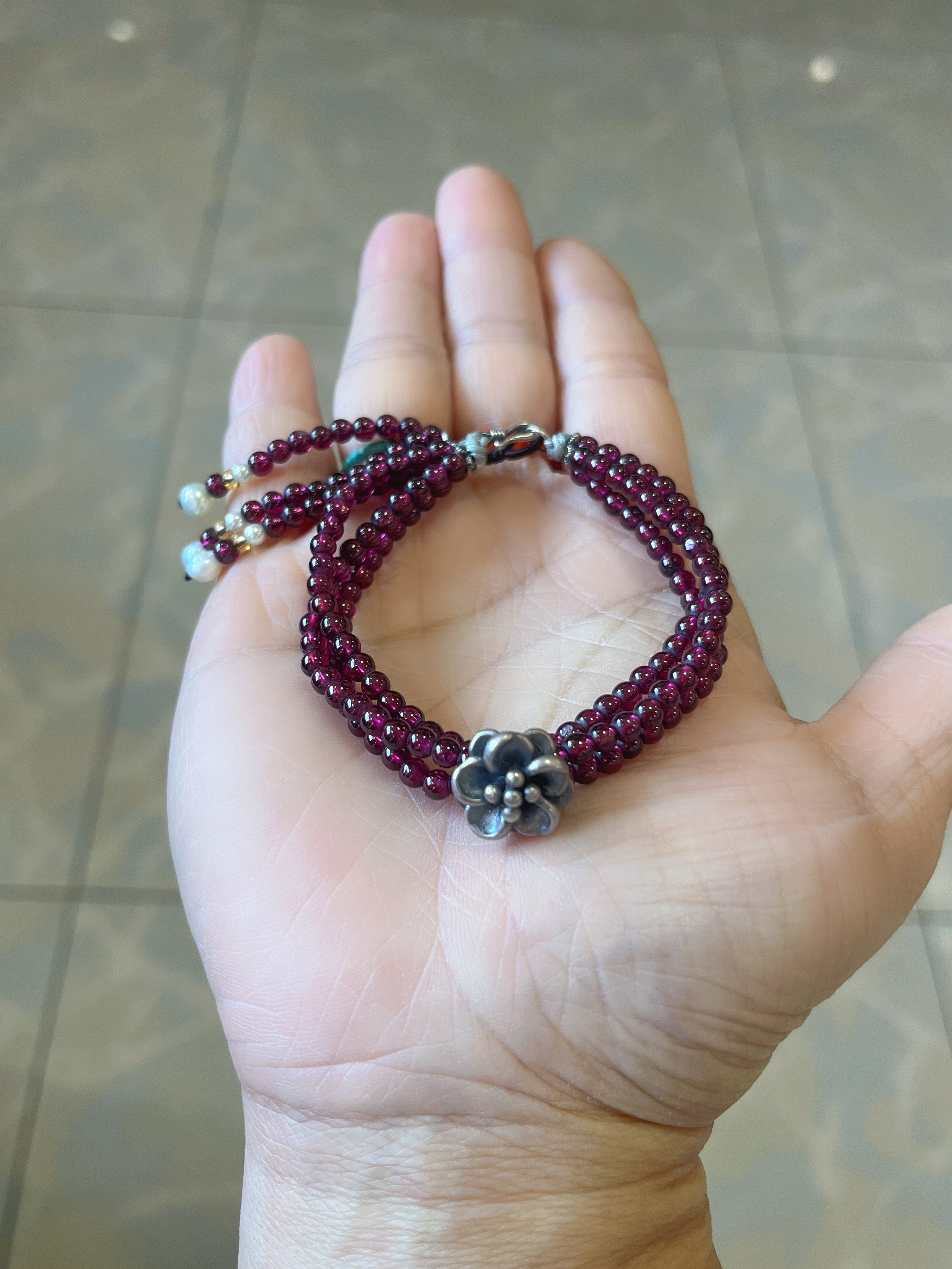 新中式国风原创设计天然紫牙乌石榴石水晶老银流苏复古手串手链