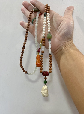 新中式国风原创天然老山檀珍珠和田玉白玉珠串蜜蜡多宝项链毛衣链