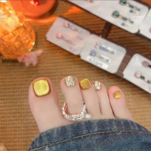 【醉春风】纯手工脚甲黄色猫眼镶钻夏季新款穿戴甲12片装可拆卸