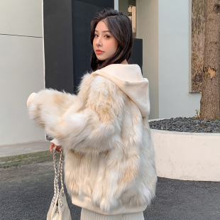 冬季 毛绒大衣女加厚加绒连帽毛毛外套 羊羔毛外套兔毛仿皮草中长款