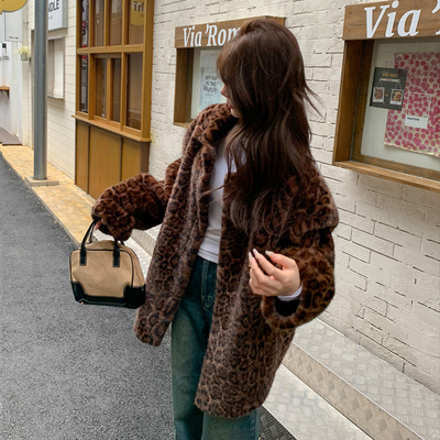 豹纹中长仿毛皮皮草语飒加厚韩版