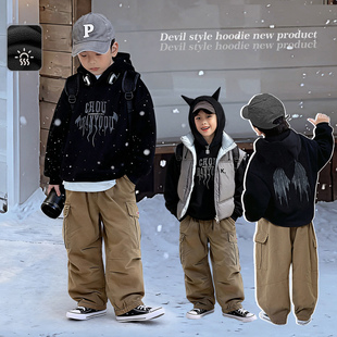 霖霖妈童装男童连帽打底衫男宝宝冬季中大童长袖儿童加绒恶魔卫衣