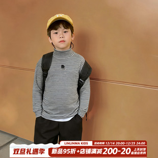 霖霖妈童装儿童半高领长袖T恤冬装男童条纹打底衫秋冬中大童上衣
