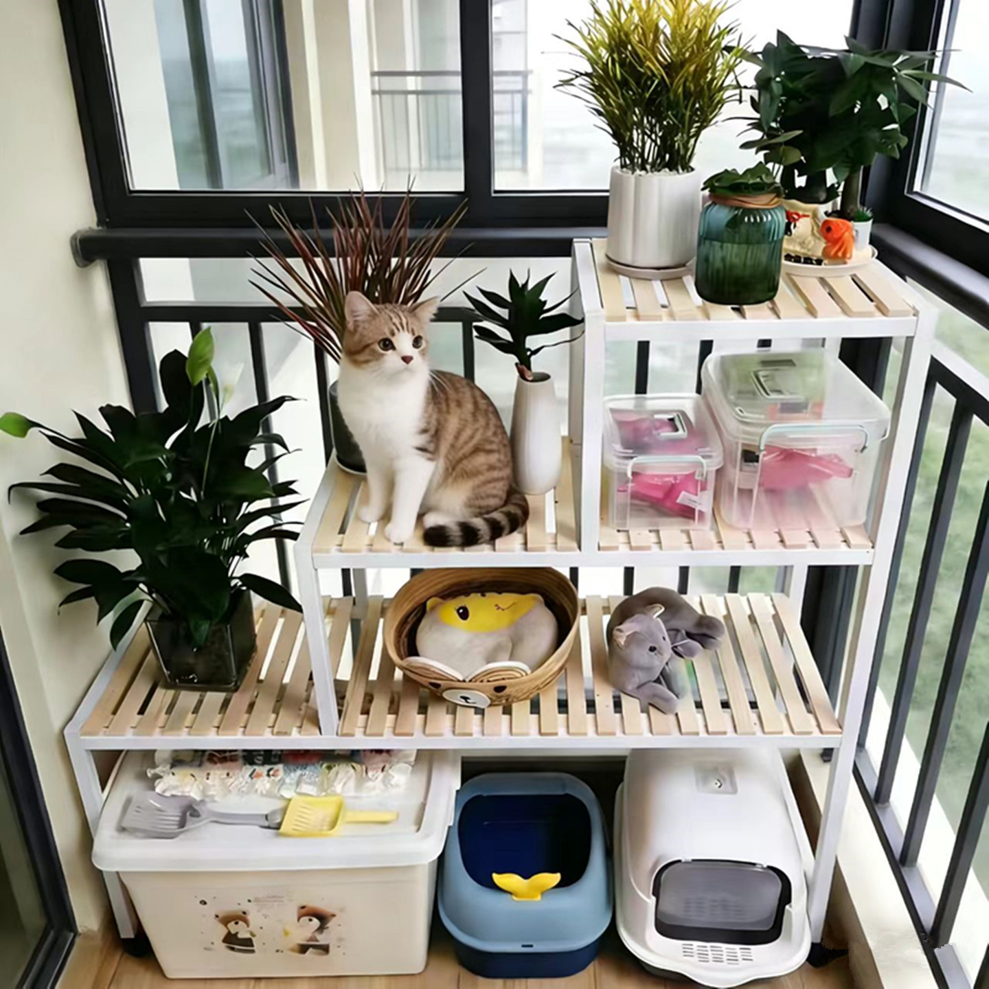 猫爬架阳台花架宠物用品收纳架猫床猫莎盆上置物架高脚花架多功能
