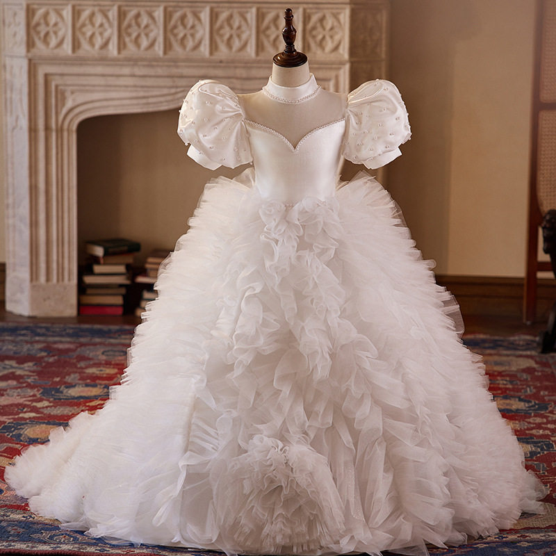 女童礼服4新款白色短袖主持人儿童演出走秀泡泡袖礼服工厂直销