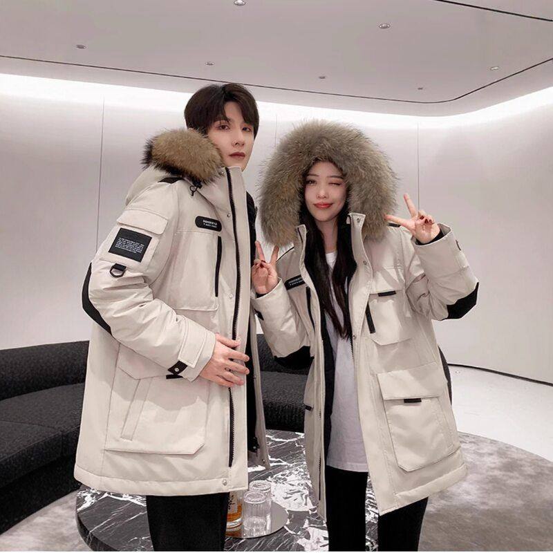 情侣羽绒服男女中长款户外加厚东北可穿大毛领工装外套