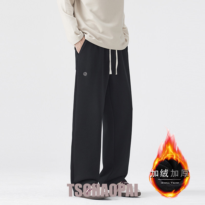 2025冬季加绒加厚休闲长裤男士宽松直筒简约设计保暖运动针织卫裤