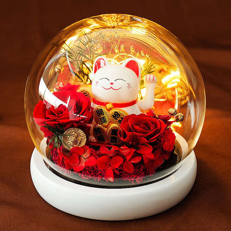 招财猫永生花水晶球玻璃罩礼盒