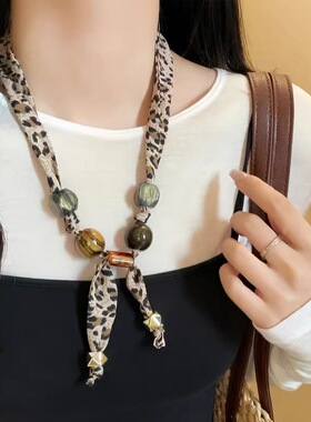 复古豹纹丝巾项链小众百搭毛衣链