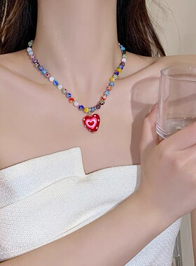 爱心吊坠项链女甜酷串珠锁骨链