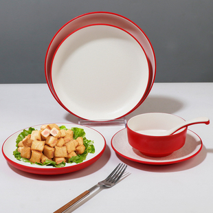 红白色密胺餐厅火锅店牛肉摆盘圆形平盘瓷餐盘塑料盖饭盘子商用