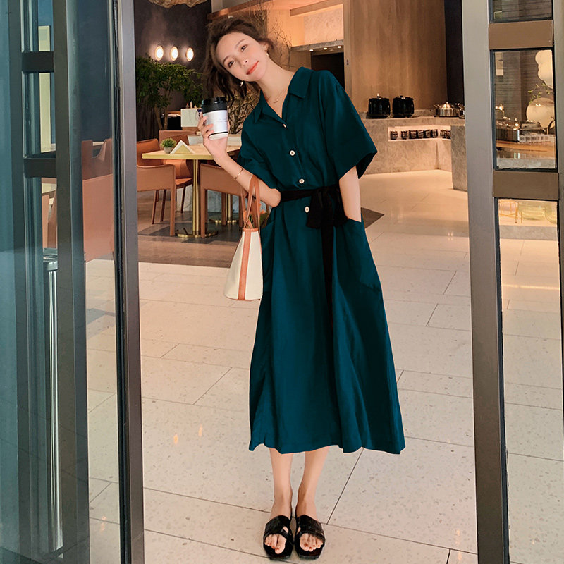 雪纺连衣裙中长款2020年夏季长款夏天长裙显瘦显高复古墨绿色气质