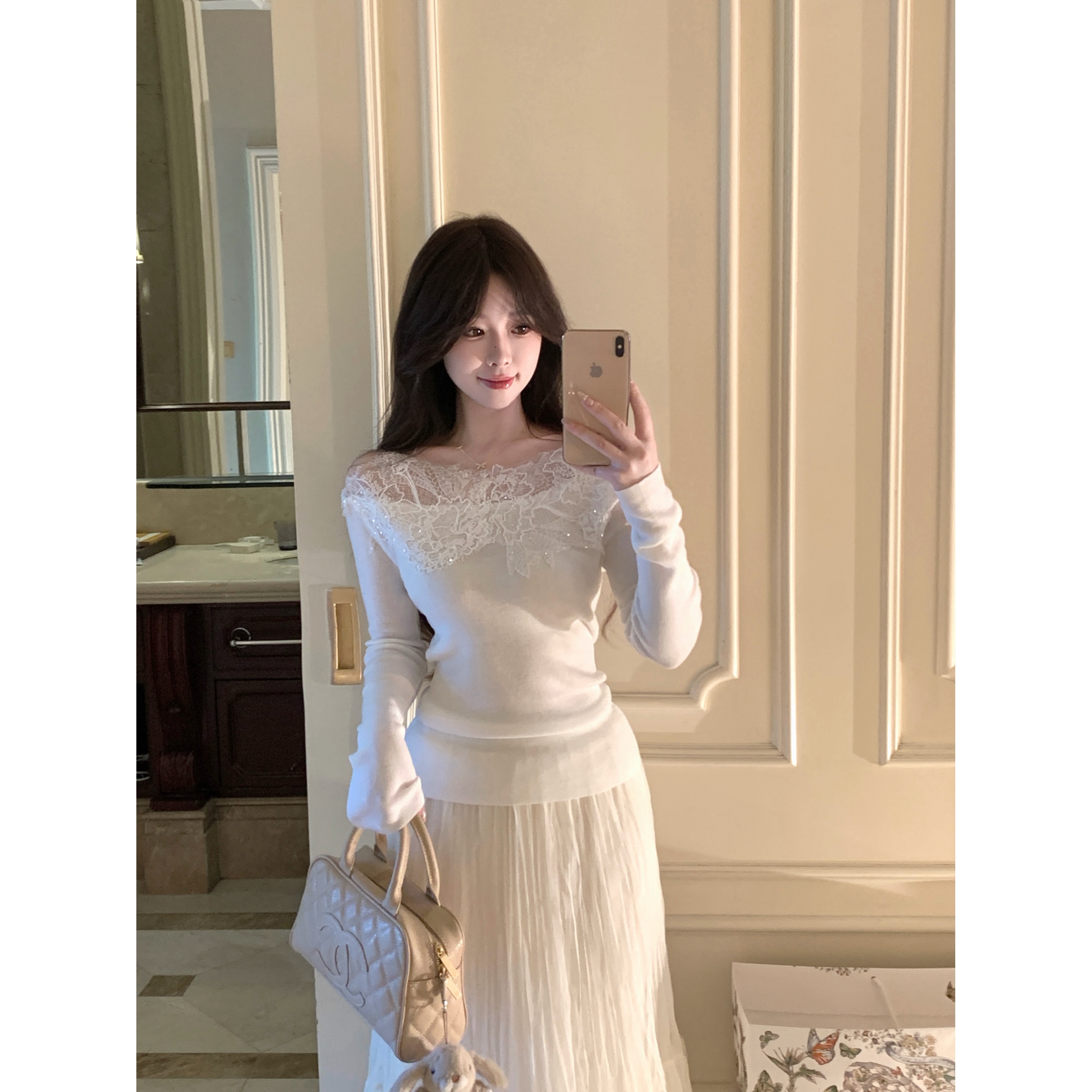 法式重工蕾丝拼接修身内搭打底