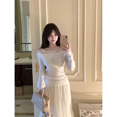 白里 蕾丝拼接修身内搭打底针织衫女秋冬上衣