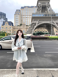 蓝法情书 白里 蓝色松弛少女条纹蝴蝶结甜美蕾丝边宽松显瘦连衣裙