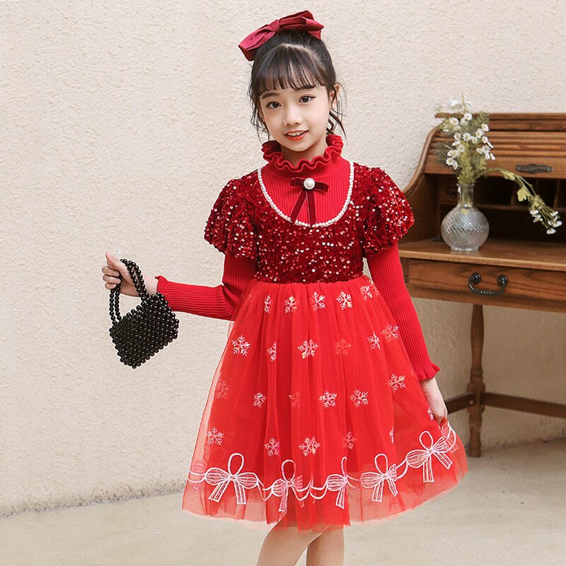 2025新款女童红色连衣裙新年套装春秋童装裙子大童女孩洋气公