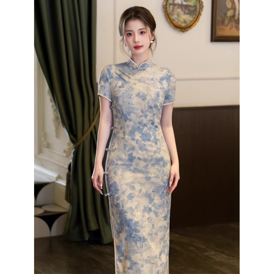 2026新款春夏旗袍新中式国风水墨画旗袍天丝短袖收腰长款旗袍现货