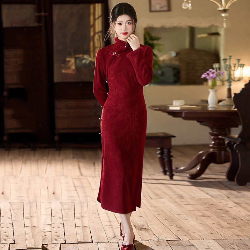 2026新款红色冬装加绒国风中式长款长袖改良旗袍冬季厚款女复