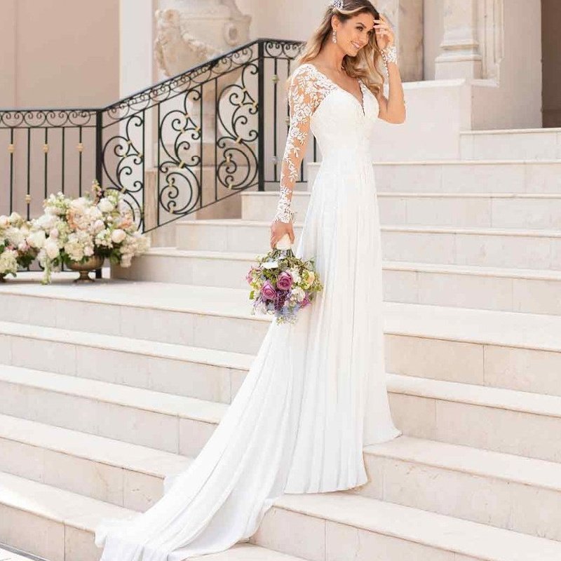 2025新款欧美拖尾婚纱晚礼服亚马逊深V领连衣裙露背性感婚纱