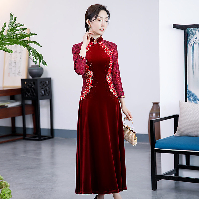 2026新款改良旗袍汉服秋季韩国绒长款复古时尚气质淑女宴会走秀名