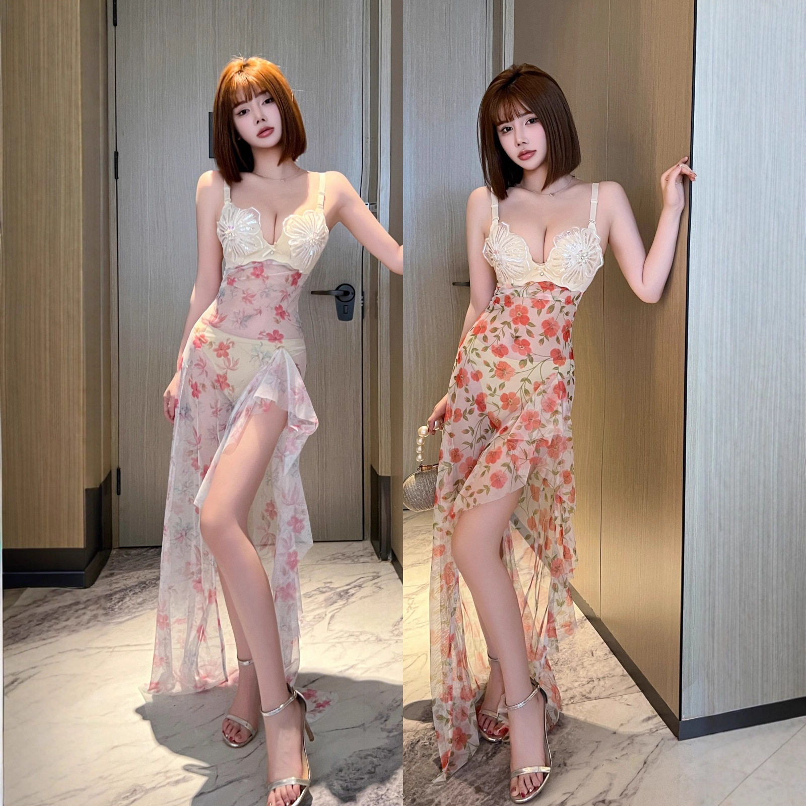 2026新款性感长裙印花网纱高开叉吊带礼服罩杯低胸聚拢走