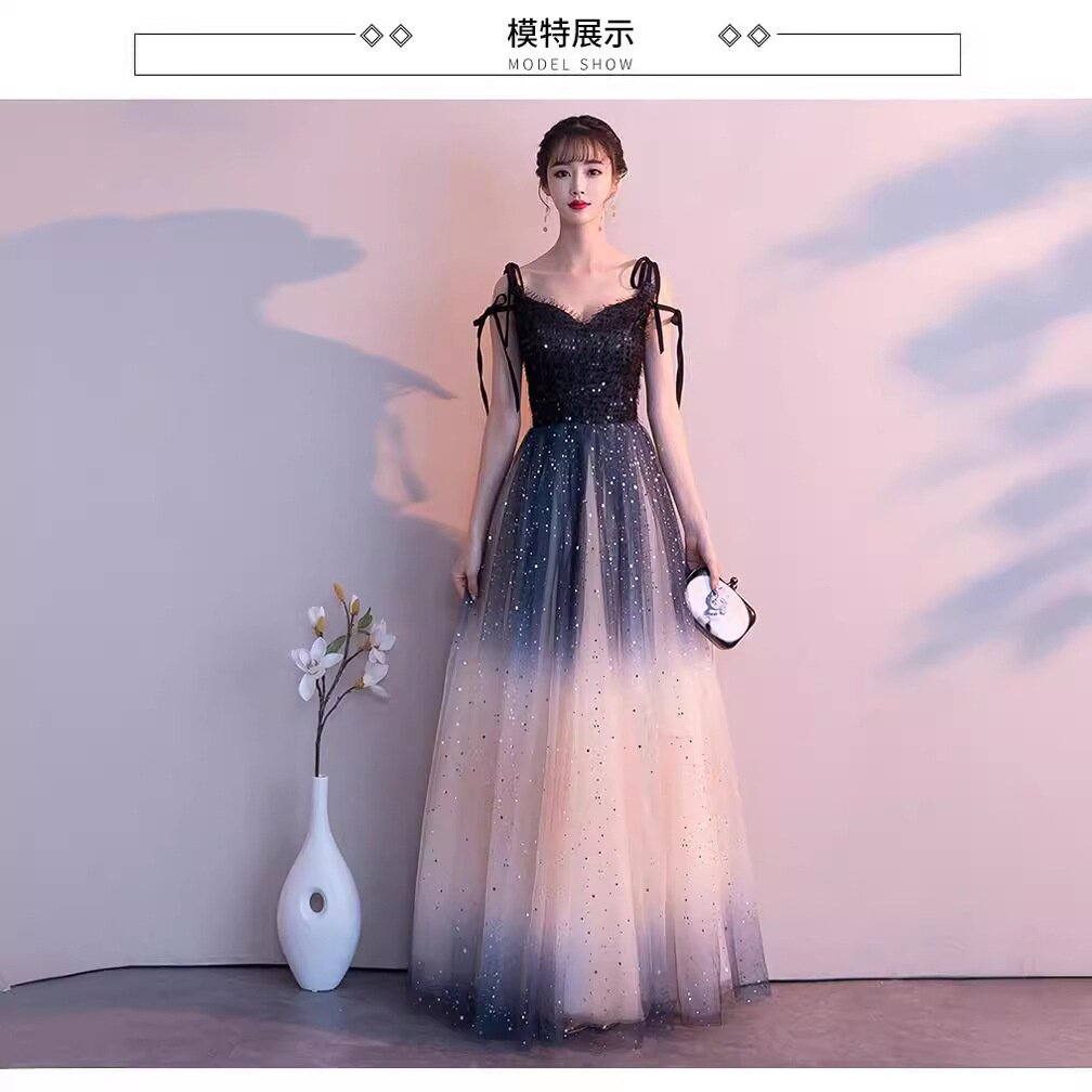 2025新款星空晚礼服名媛优雅吊带渐变亮闪闪主持人晚宴红酒会