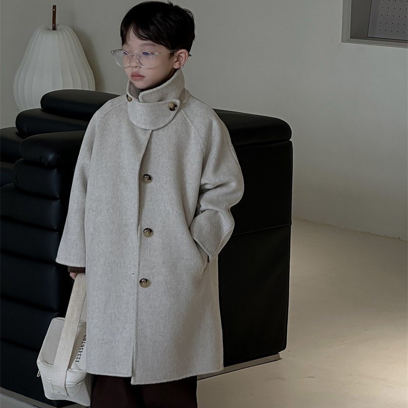 2025新款奶酪与喵男童双面羊绒大衣中长款冬季儿童净色呢大衣