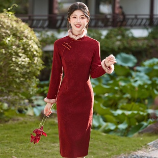 2026新款红色加绒冬装国风新中式长款长袖旗袍冬季厚款改良年