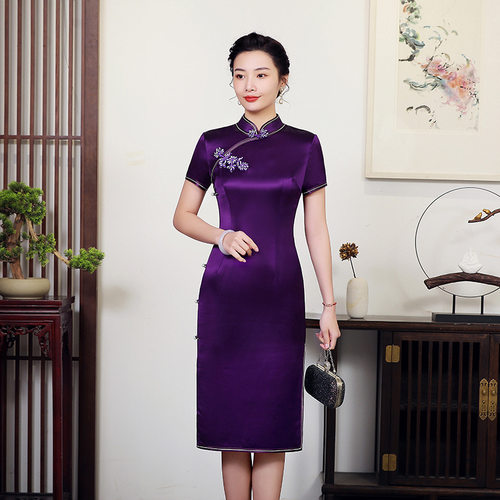 2026新款醋酸缎夏季中长短袖喜婆婆日常改良复古新中式高考妈妈旗