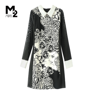 M2折扣店夏妈妈印花连衣裙女翻领长袖黑白撞色拼接裙子