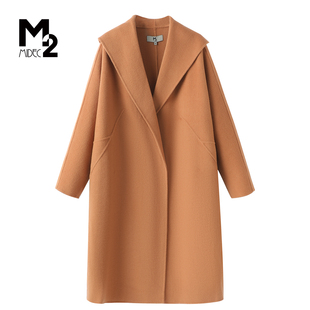 M2折扣店宽松大码极简风翻领毛呢外套长款气质中年妈妈双面呢大衣