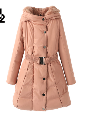 【断码清仓】M2折扣店冬季休闲风中长款鸭绒连帽收腰显瘦羽绒服