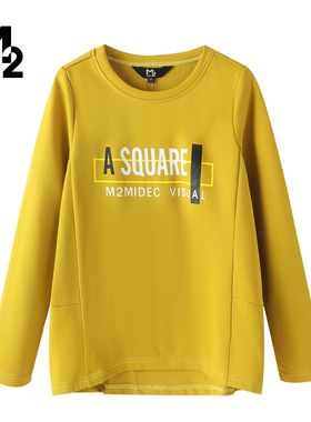 M2折扣店春秋黄色字母印花圆领百搭休闲上衣长袖T恤卫衣