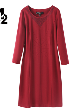 M2折扣店春秋新中式红色连衣裙女长袖V领钻饰装饰中长款气质裙