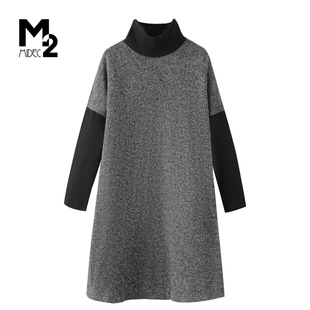 M2折扣店春秋拼色高领针织衫长袖宽松百搭套头毛衣灰色打底羊毛衫