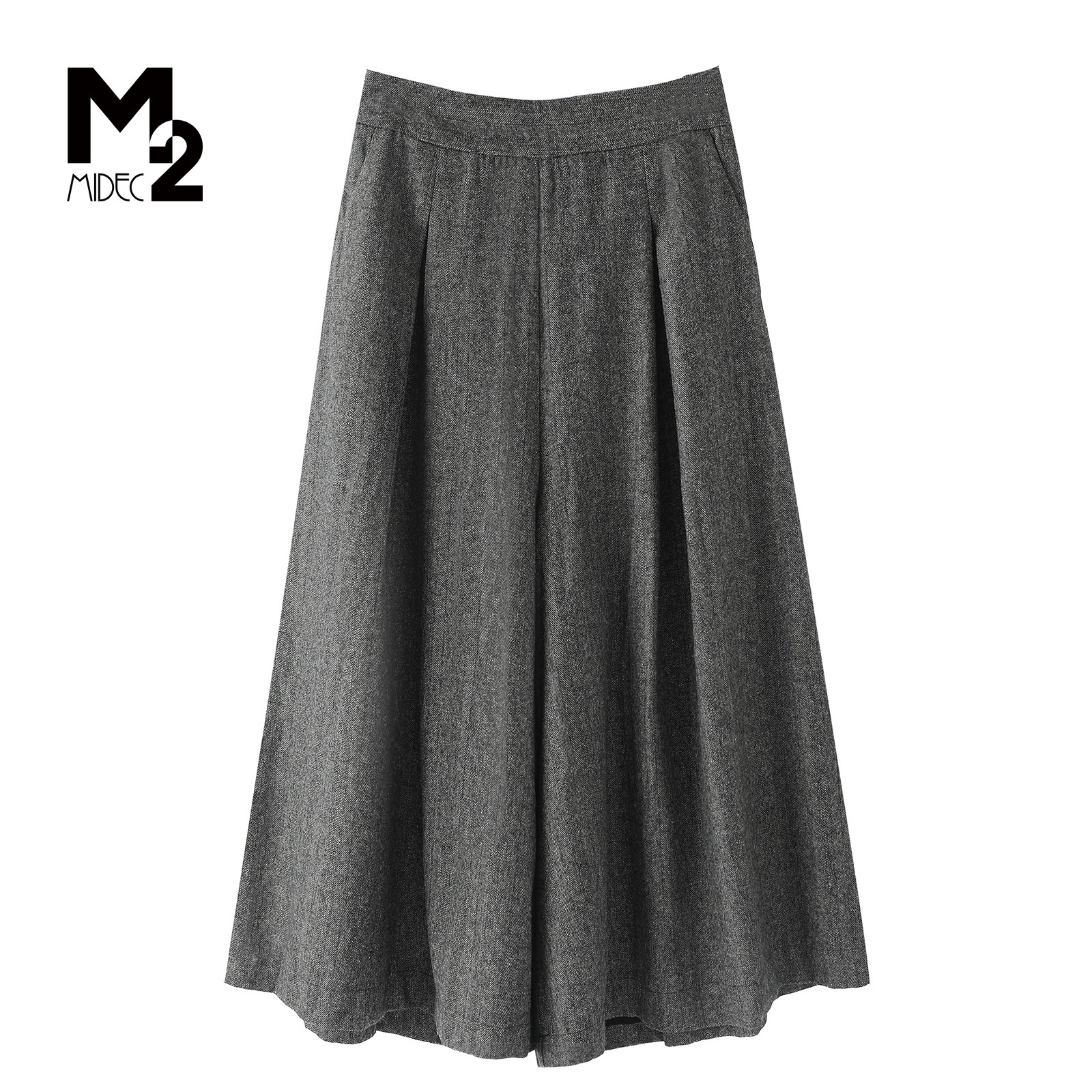 M2折扣店春秋高腰百褶裙女中长款A字半身裙通勤格雷系羊毛裙裤