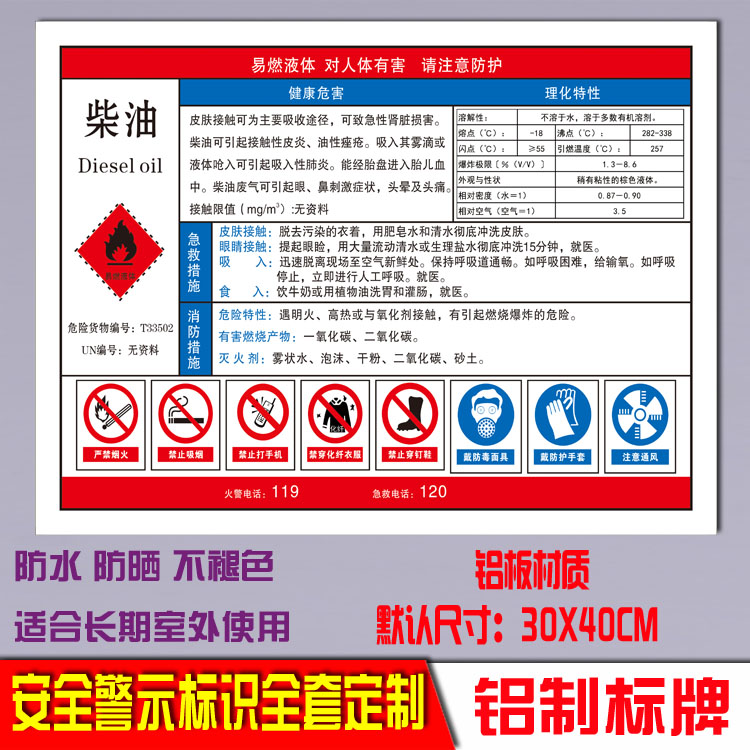 柴油危险化学品告知卡周知卡危化品职业病危害告知卡标铝板牌定制