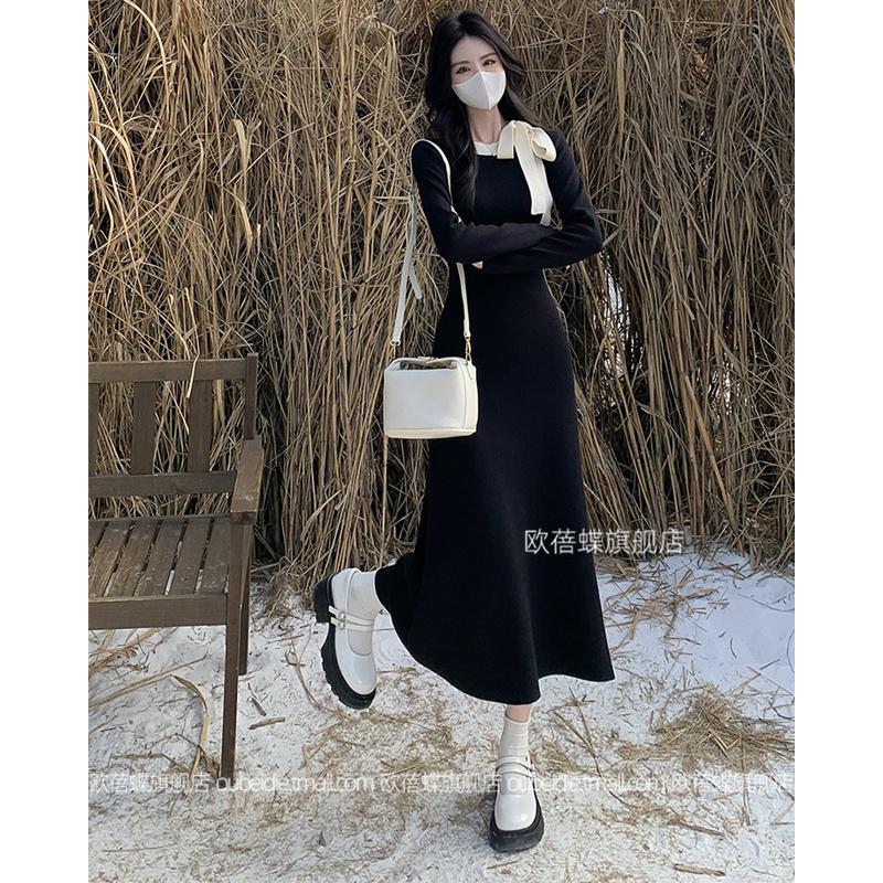 秋冬新品毛衣裙法式復(fù)古高雅收腰系帶連衣裙顯瘦氣質(zhì)針織打底裙