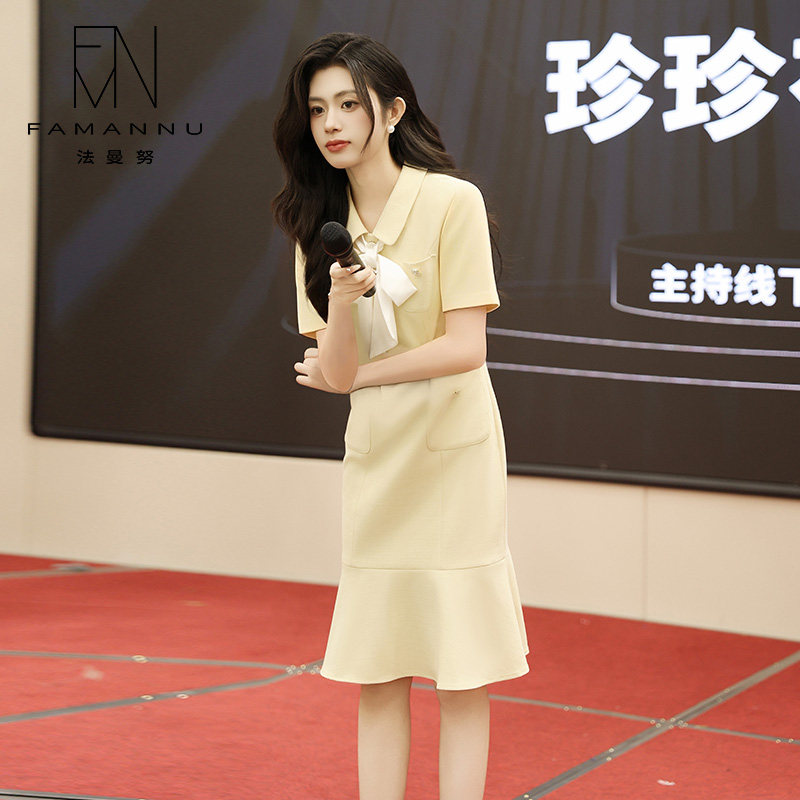法曼努夏季短袖黄色洋装女上镜主持上班服正装美容院接待工作服