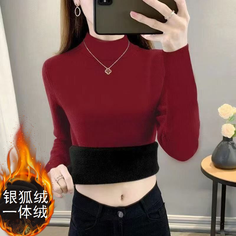 冬季半高领保暖上衣秋冬爆款加厚长袖T恤女士洋气德绒加绒打底衫