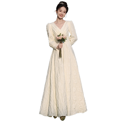 香槟色伴娘服春长袖伴娘团礼服裙