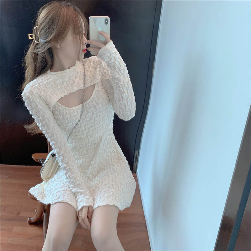 2020早秋冬装新款防晒长袖罩衫上衣性感露肩吊带连衣裙炸街套装女