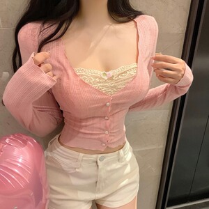 洋气蕾丝拼接针织打底开衫女内搭设计感小众别致短款不规则上衣秋